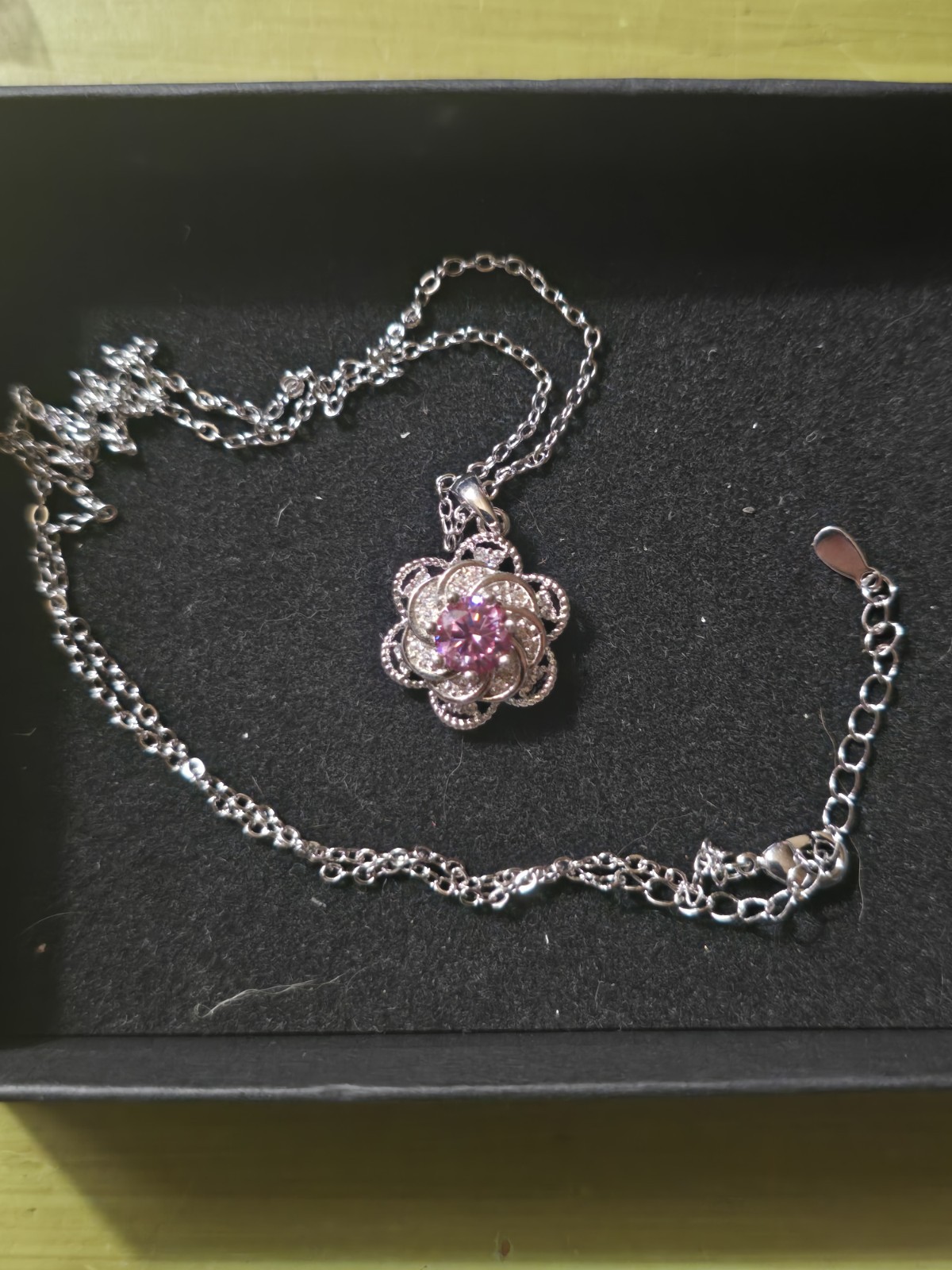 Rhodium Plated Moissanite Sakura Pink Spinning Flower Pendant With 16-18″…