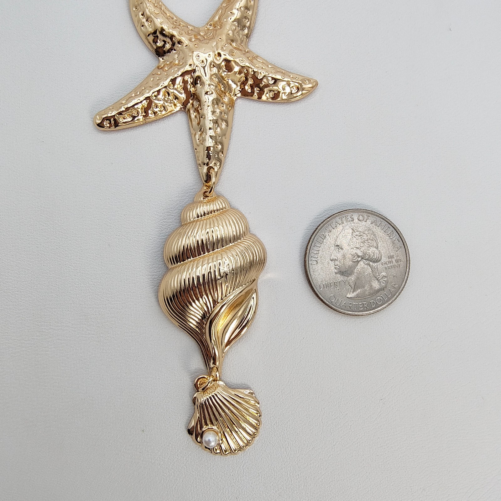 Ocean Theme Statement Y-Necklace Gold Tone Lariat Starfish Shell Mermaidcore