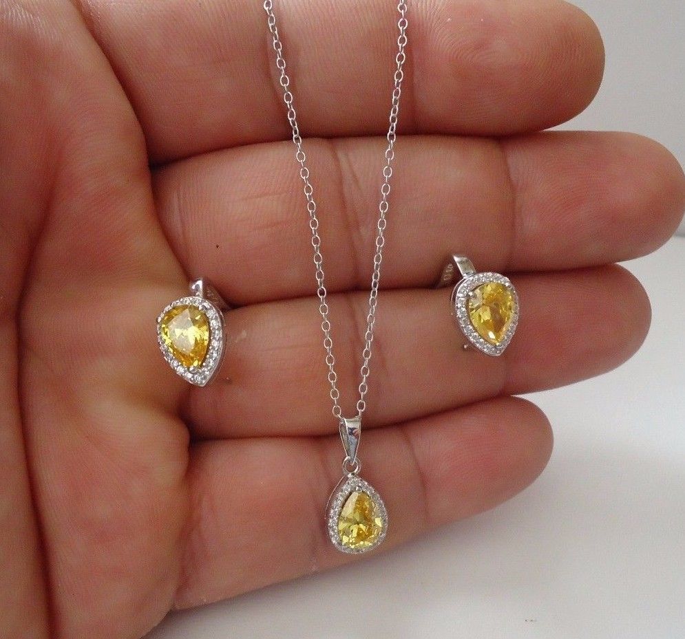 PENDANT & EARRING SET W/ 7.20 CT YELLOW / WHITE ACCENTS /925 STERLING SILVER