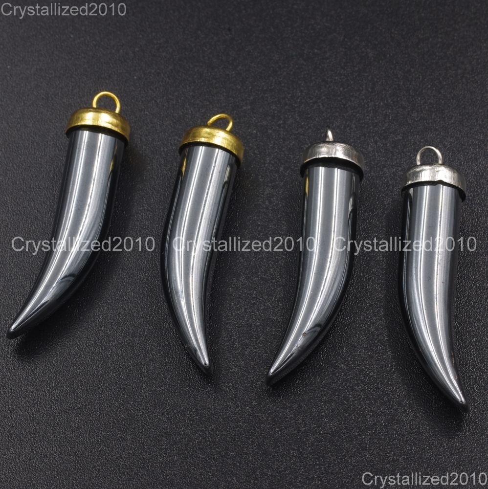 Natural Hematite Gemstone Horn Tusk Tooth Pendant Necklace Beads Silver Gold Cap