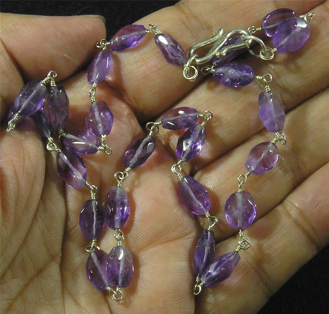 Medium Purple Natural Amethyst Faceted Flat Oval Necklace 17″ Silver Plated