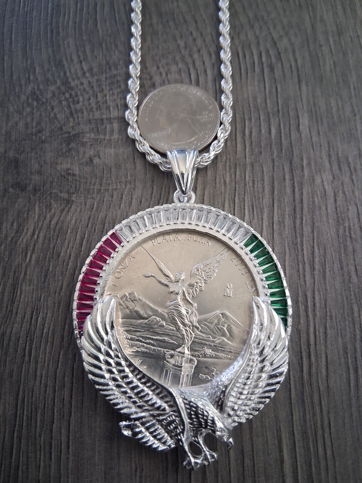 cadena bizel aguila y moneda 1 OZ plata 925 83 gramos 24″ larga 3.4mm plata MX
