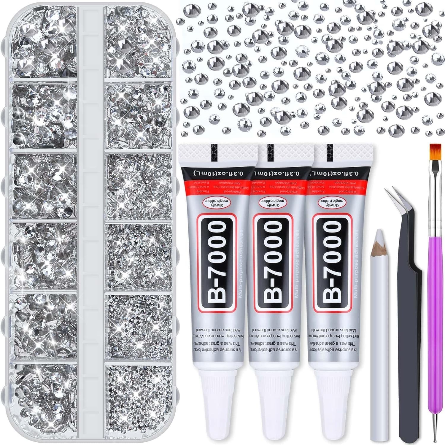 2100 Assorted Glass Rhinestones & Waterproof Adhesive for Crafting Perfection