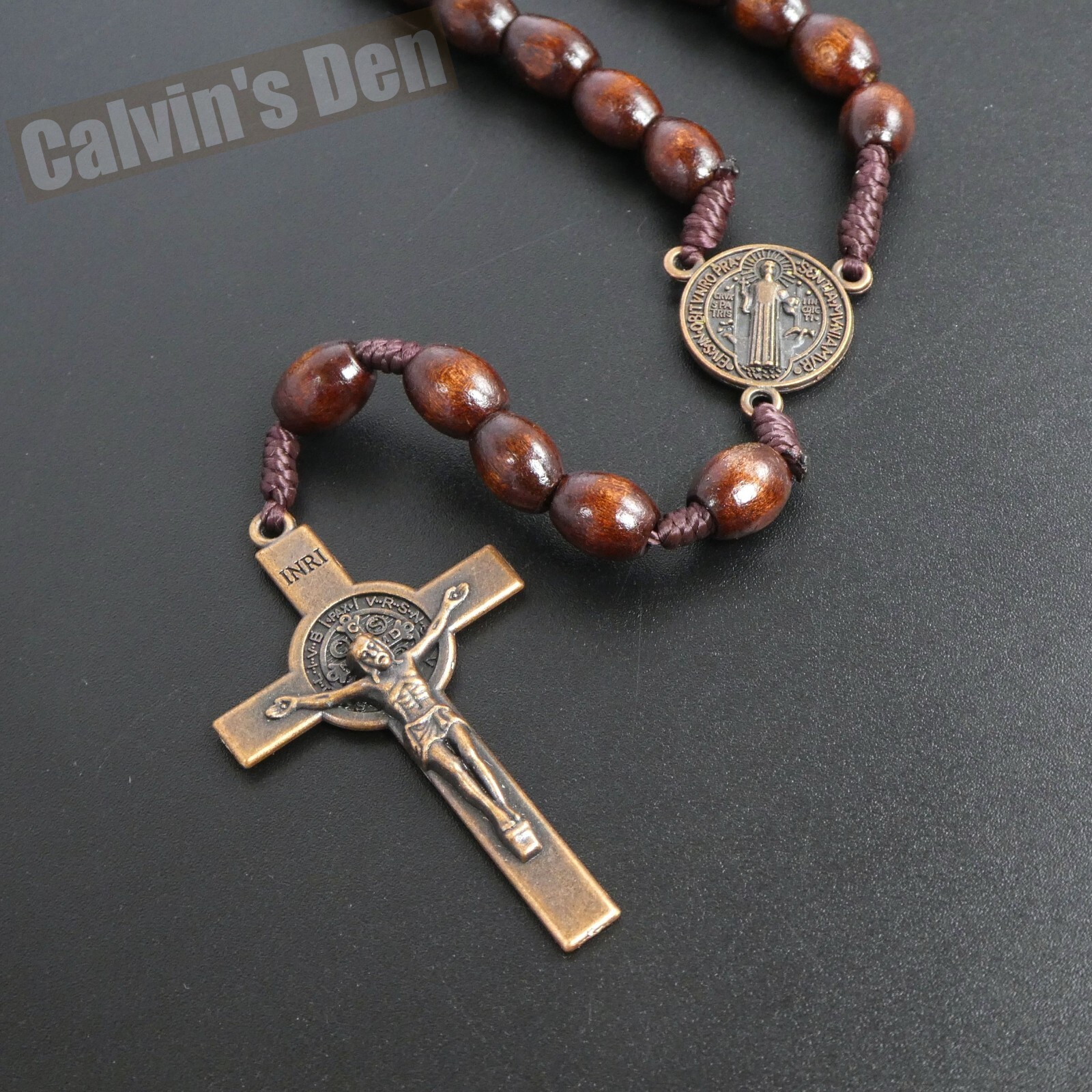 Coffee Brown Oval Wood Bead Antique Brass Crucifix Rosary Necklace Five Decade