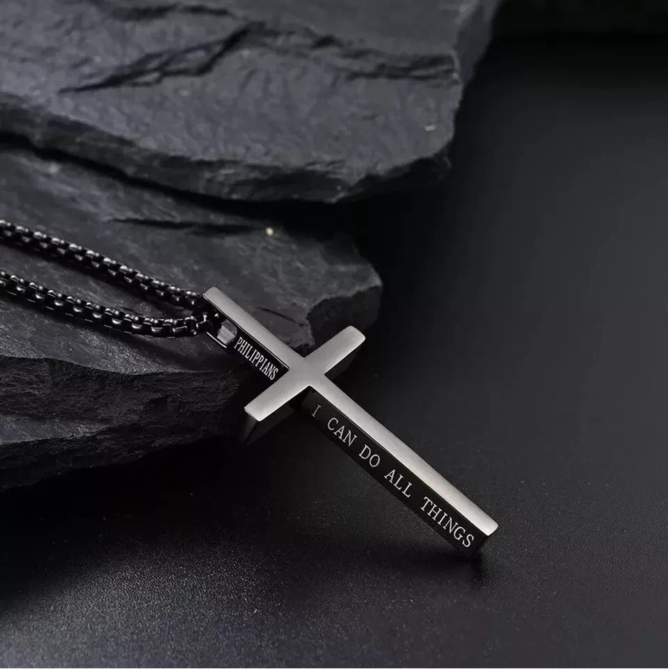Men Women Cross Necklace Stainless Steel Christian STRENGTH Pendant Chain 24″
