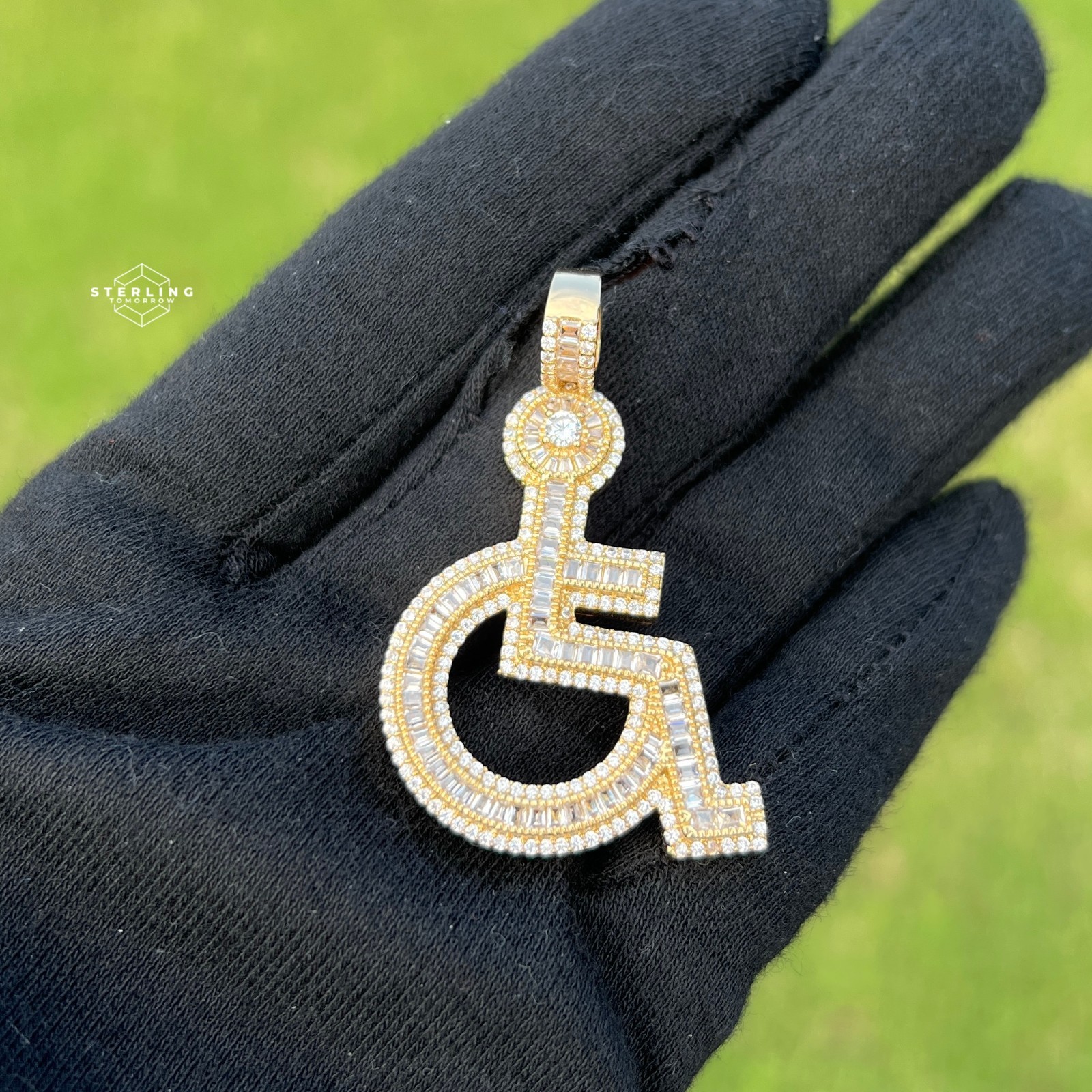 14k Gold Plated Iced Out Wheelchair Pendant Bling + AntiTarnish Rope Chain
