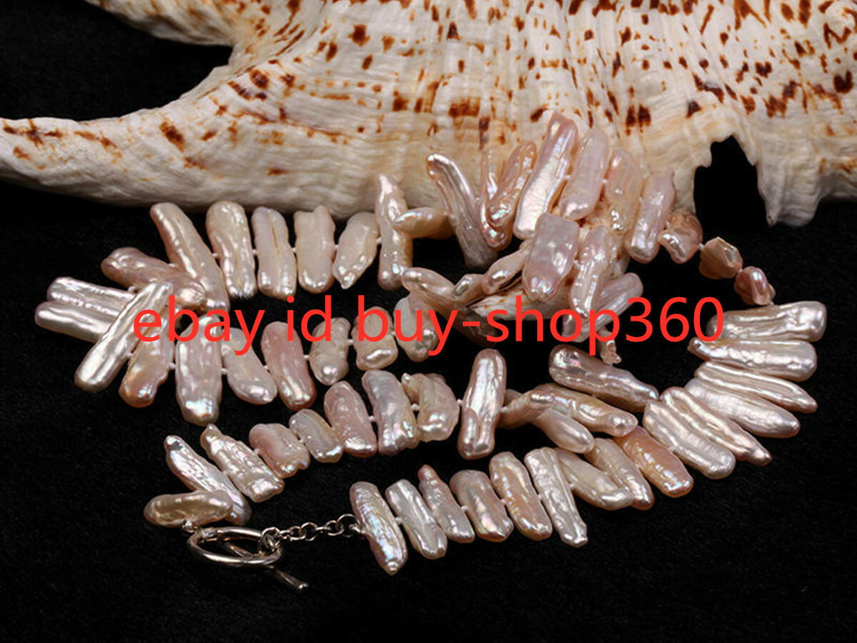 Natural 6x24mm Pink Freshwater Biwa Pearl Necklace Women Bridal Jewelry 18″
