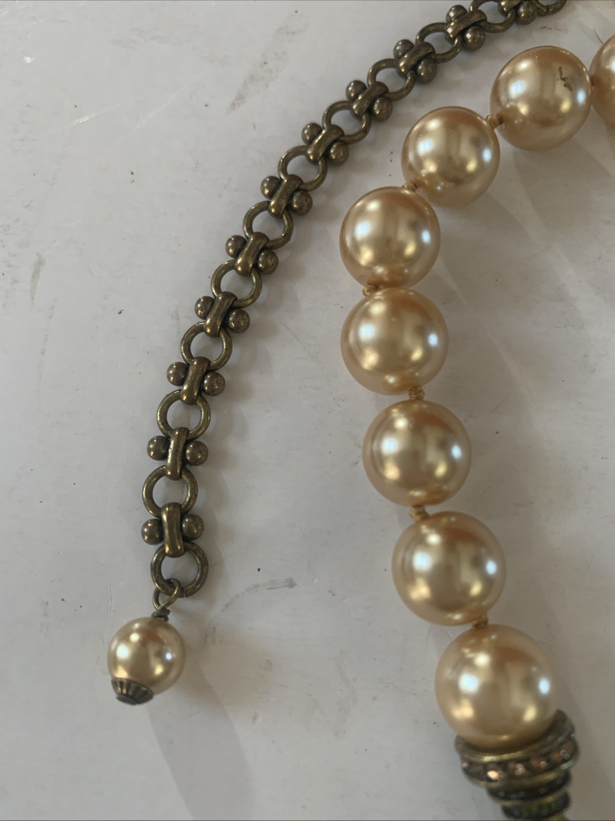 Heidi Daus Necklace Crystal Sunflower Y-Drop Champagne Faux Pearls Excellent