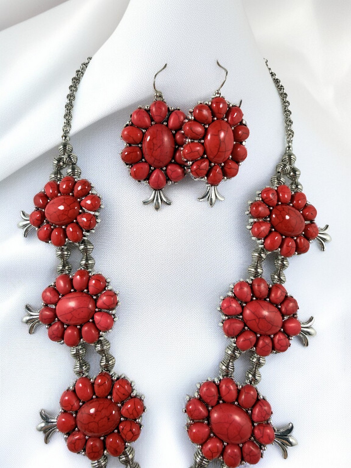 Western Summer Red Faux Turquoise Squash Blossom Statement Necklace & Earrings