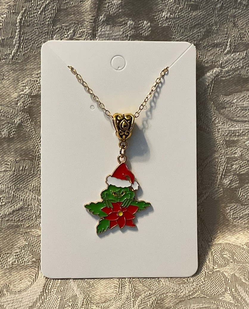 Grinch Christmas Holiday Gold Enamel Charm Adorable Boho Trendy Necklace 18”