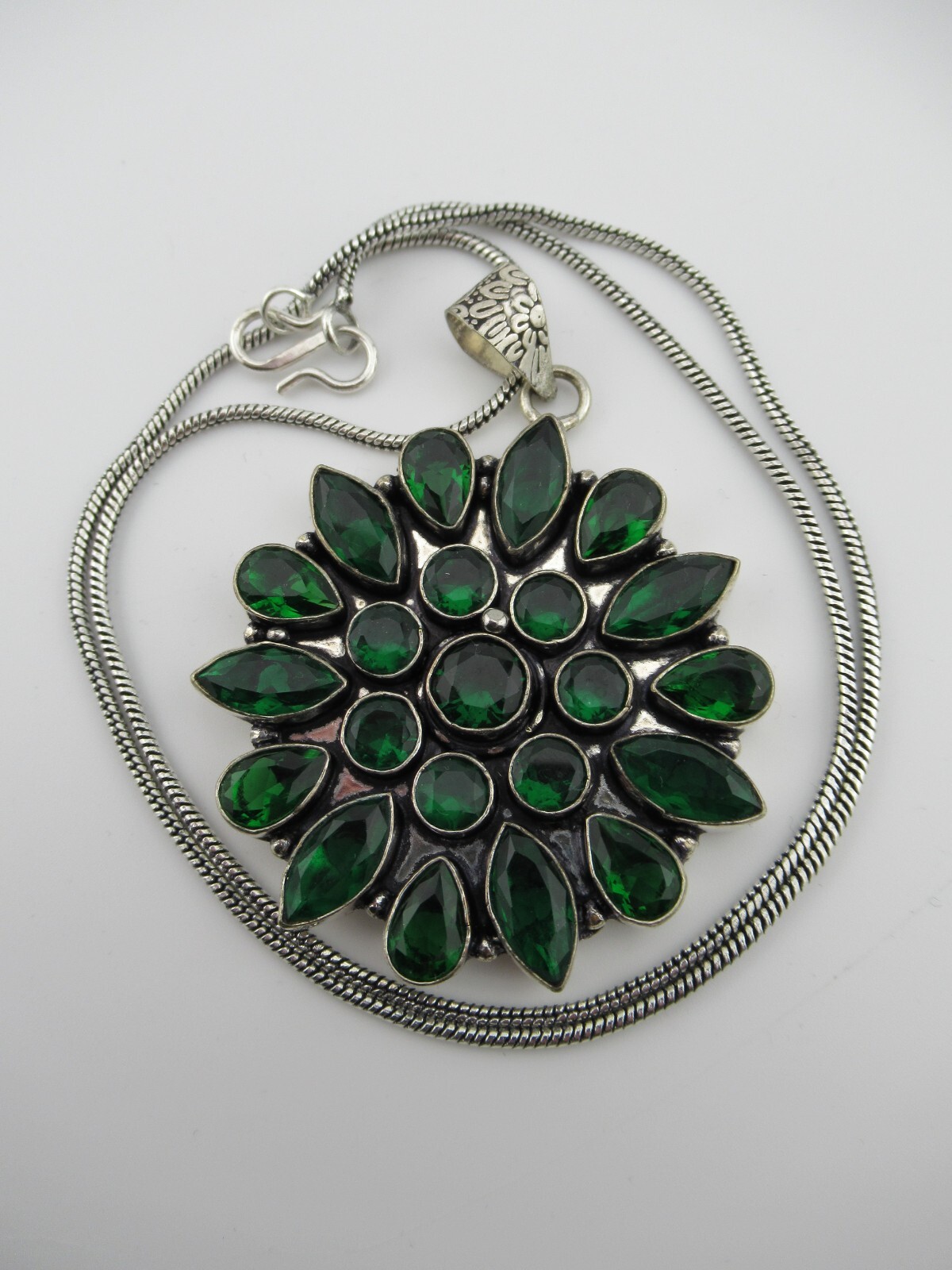 Necklace Pendant Flower Green Cluster Bezel Set Glass Cabs Bold Large Silver