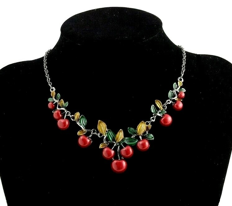 US Seller Cute Enamel Red Cherry Leafs Gun Black Chain Necklace