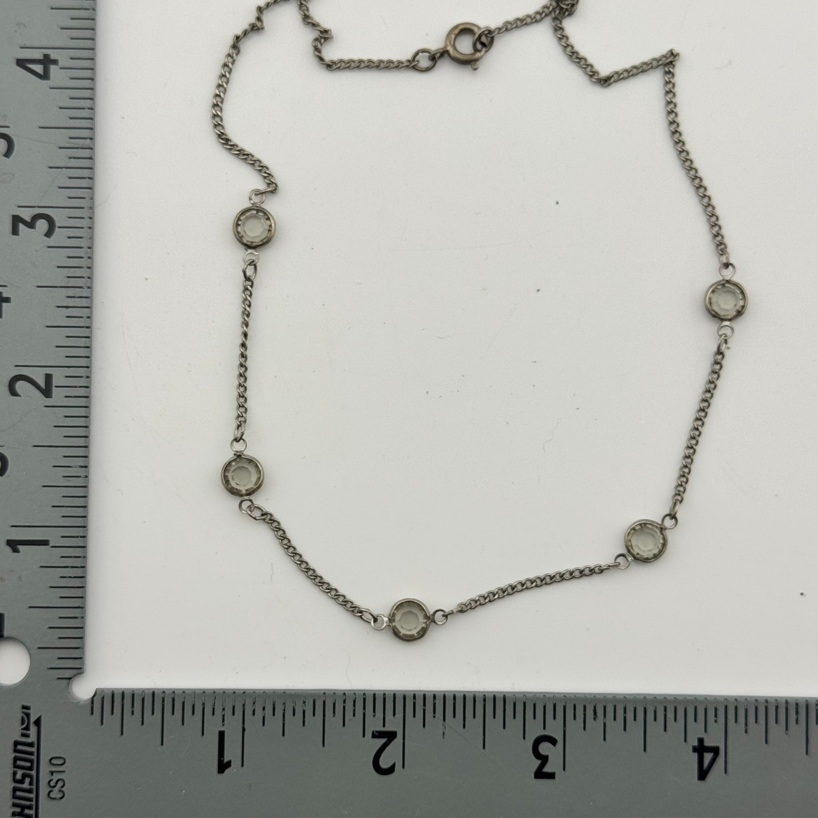 Silver Tone Crystal Bezel Station Necklace Choker 15in