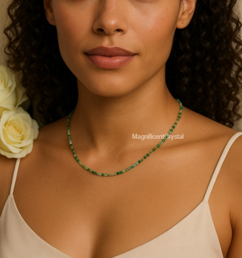 Minimalist Natural Moss Agate Choker Healing Energy Green Beads Dainty Necklace