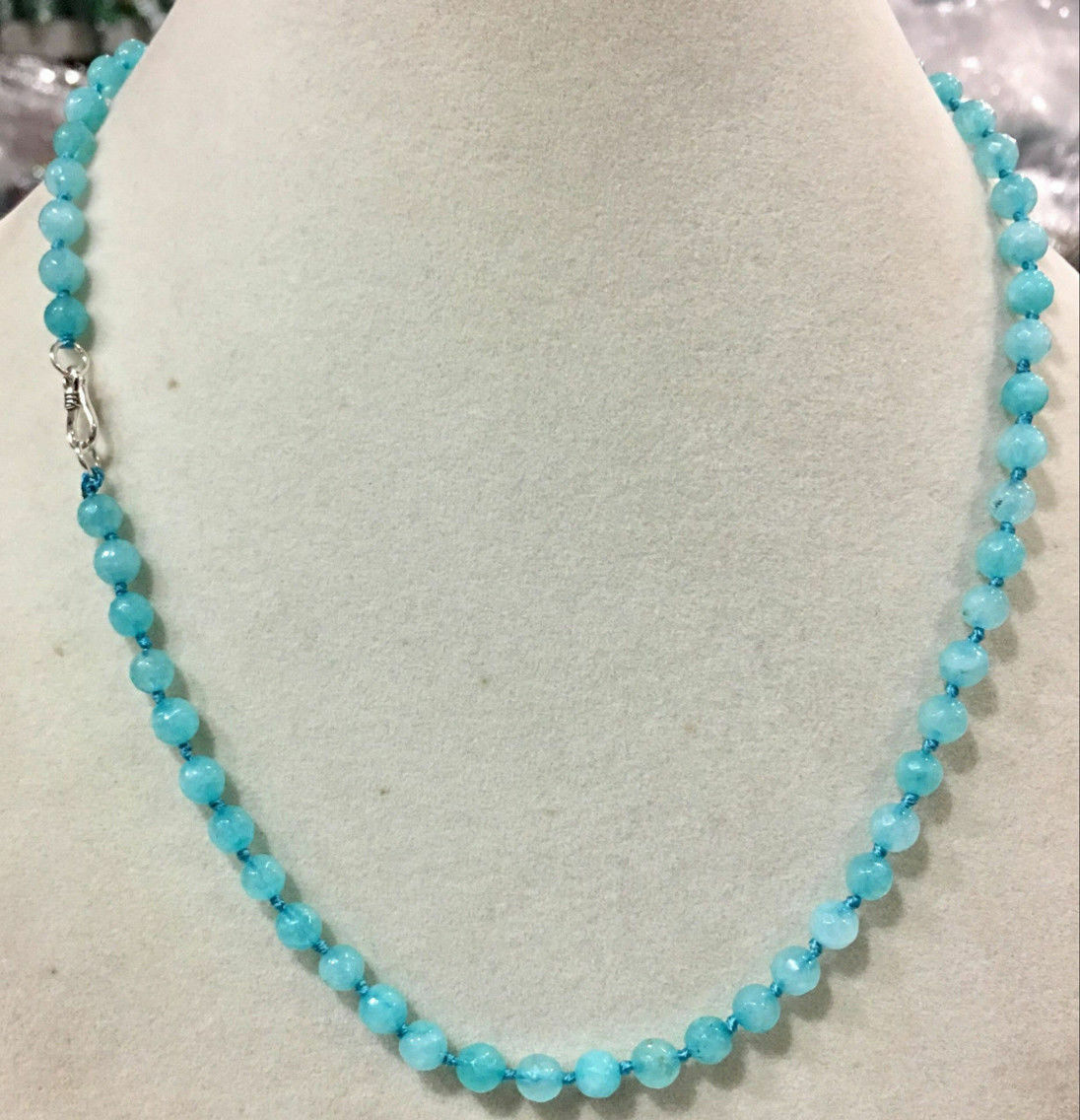 Faceted 6mm Natural Blue Aquamarine Round Gemstone Beads Necklace 18″ AAA+