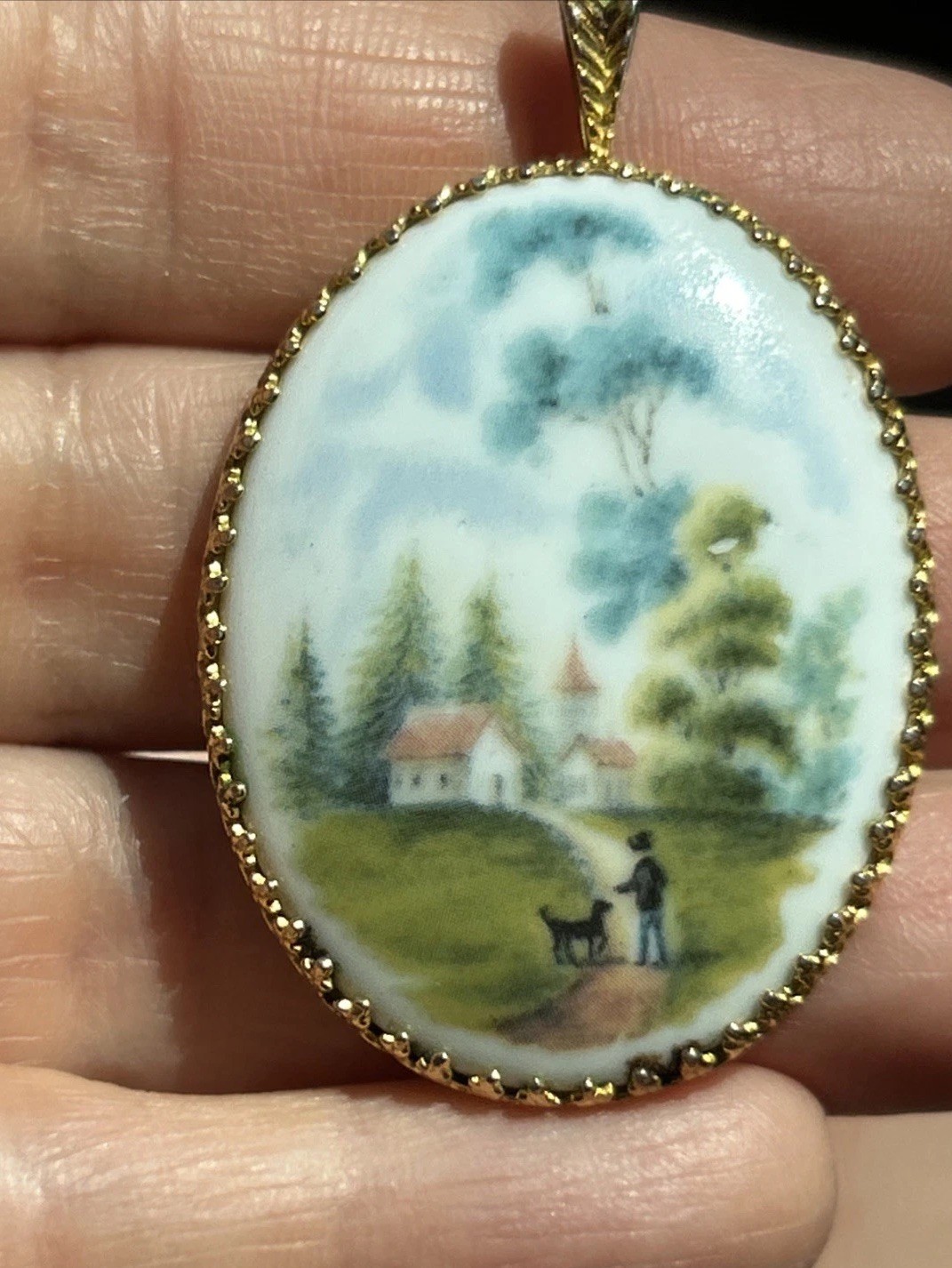 Vintage Pendant Porcelain Hand Painted Scene Boy & Dog Kaiser West Germany