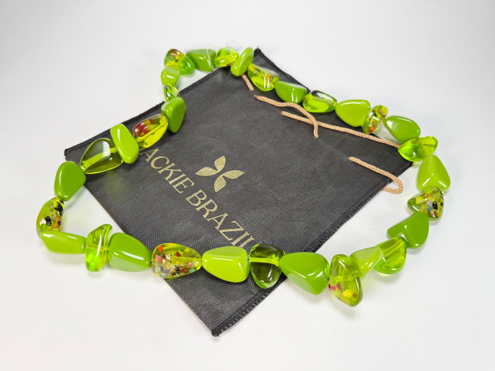 Jackie Brazil “Diamonds Green / Transparent Flintstone Bone 80cm Necklace N0080