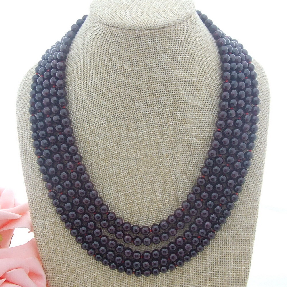 18”-21” 5 Strands 6mm Natural Round Smooth Garnet CZ Necklace Multi Strands