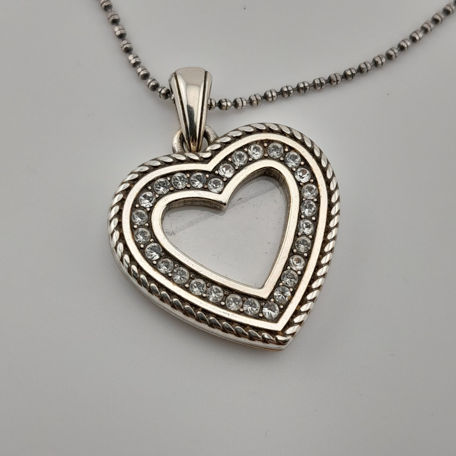 Brighton Heart Rhinestone Crystal Locket Photo Frame Pendant Silver Tone 18in