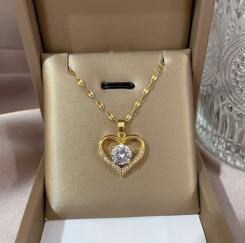 1pc Heart Zirconia Necklace Gold Color Stainless Steel O-Chain – NEW