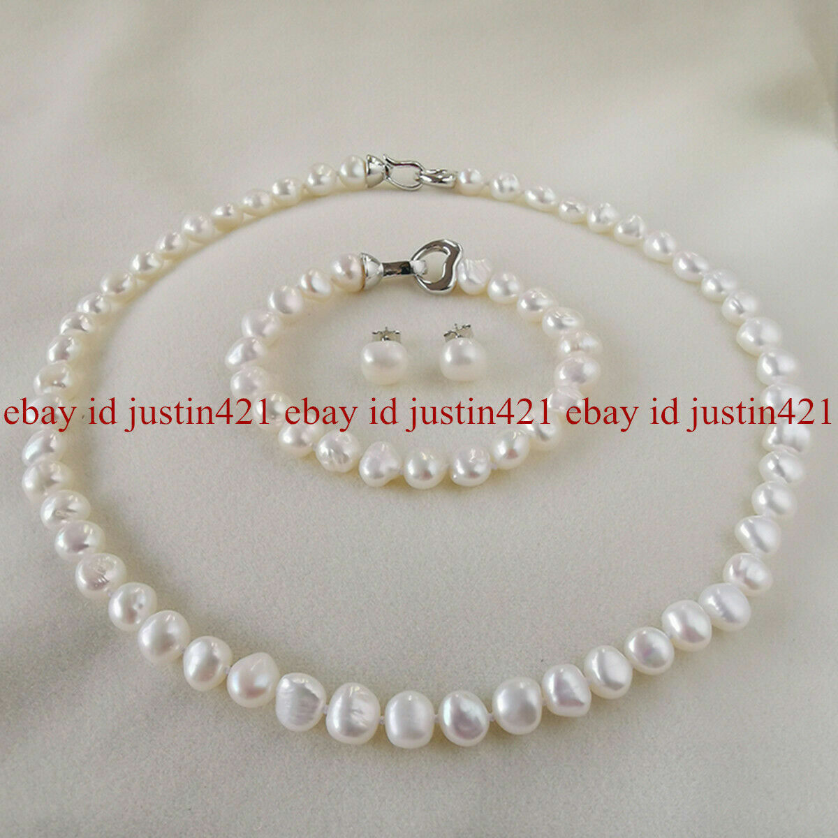 Natural 8-9mm White Freshwater Baroque Pearl Necklace 18” Bracelet Earrings Set