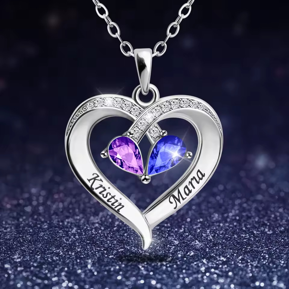 Custom Double Birthstone Name Necklace Engraved Jewelry Zirconia Heart Pendant