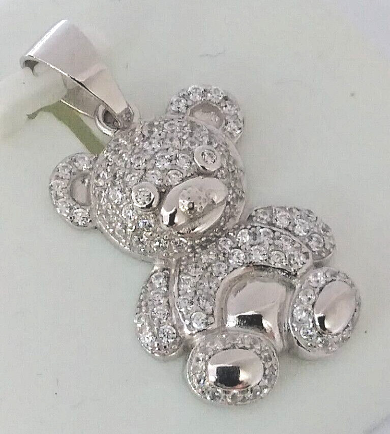 925 Sterling Silver Pendant Iced Teddy Bear cubic zirconia CZ’s MEDIUM 26X12MM