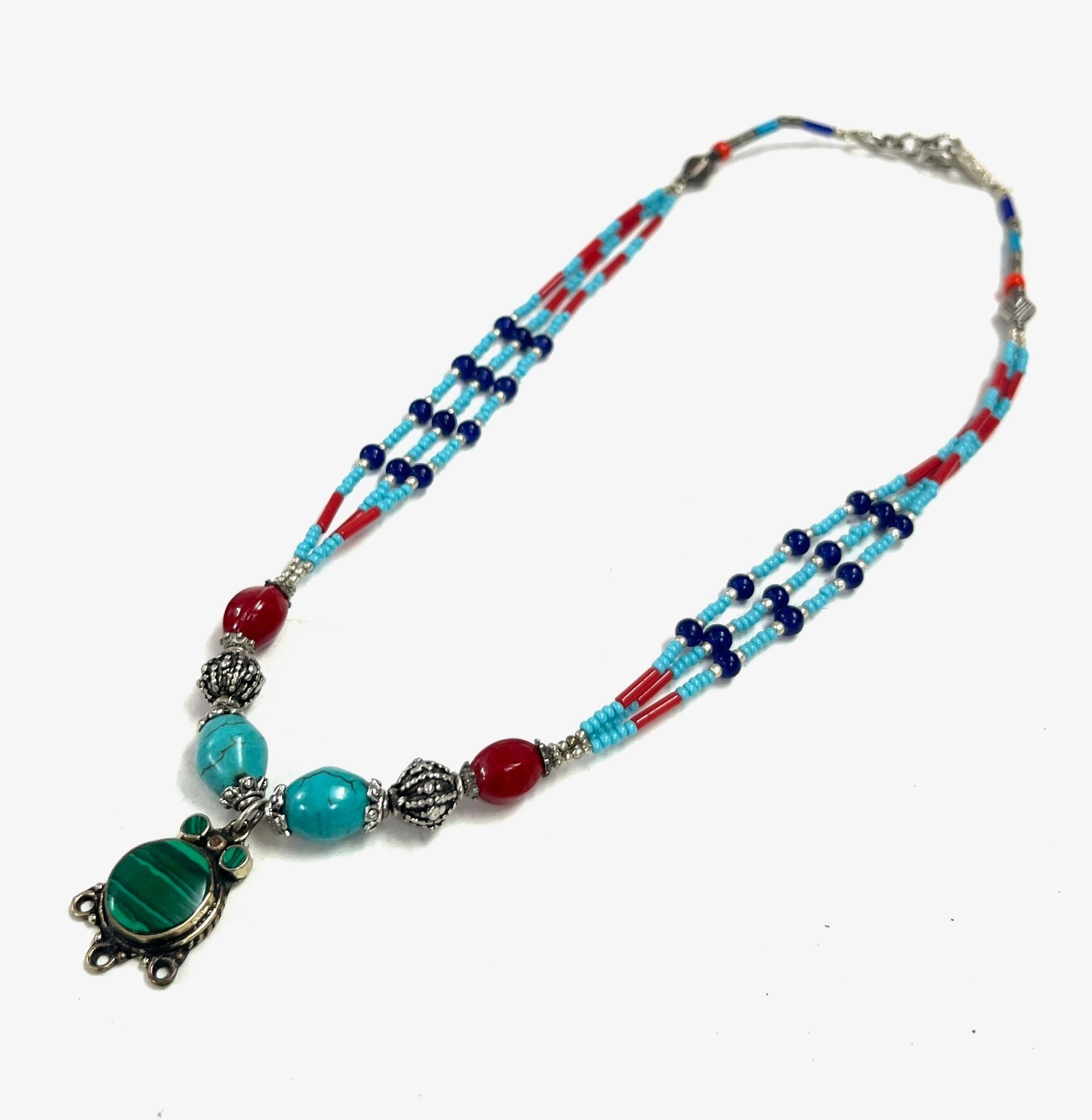 Turquoise Lapis Gemstone Tibetan Boho Pendant Necklace Jewelry, 17 Inc Adjs