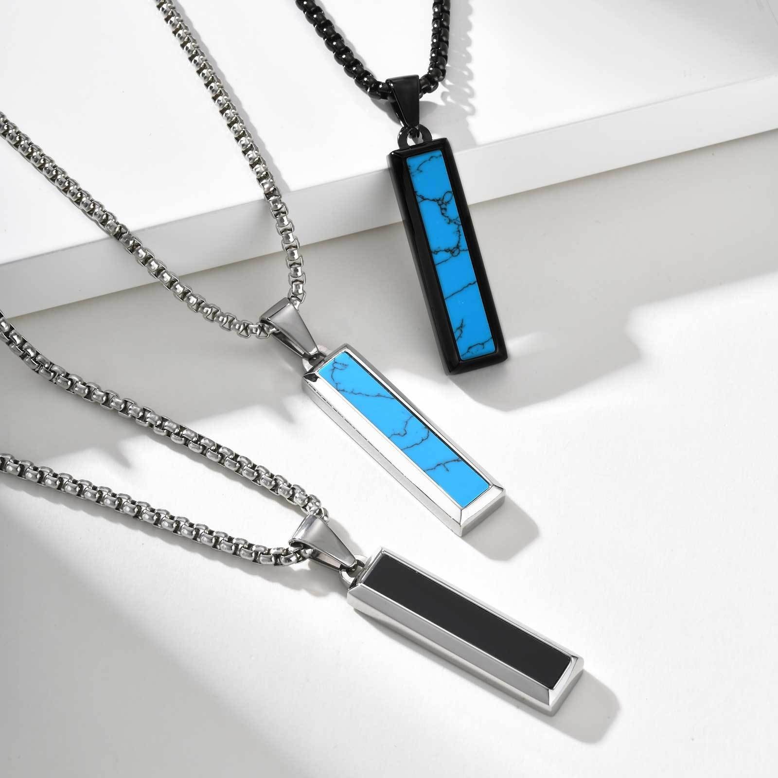 Men’s Fashion Stainless Steel Agate and Turquoise Geometric Bar Pendant Necklace