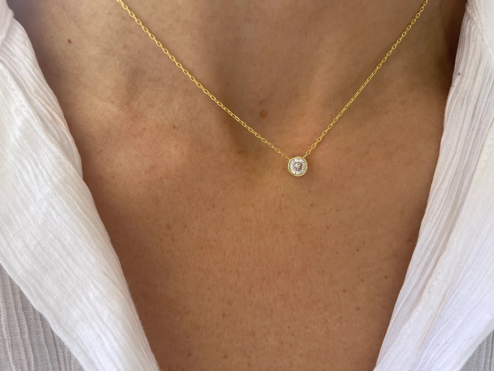 Lab Grown Diamond 1.00 Ct Round EF VS Solitaire Bezel Necklace 14K Yellow Gold