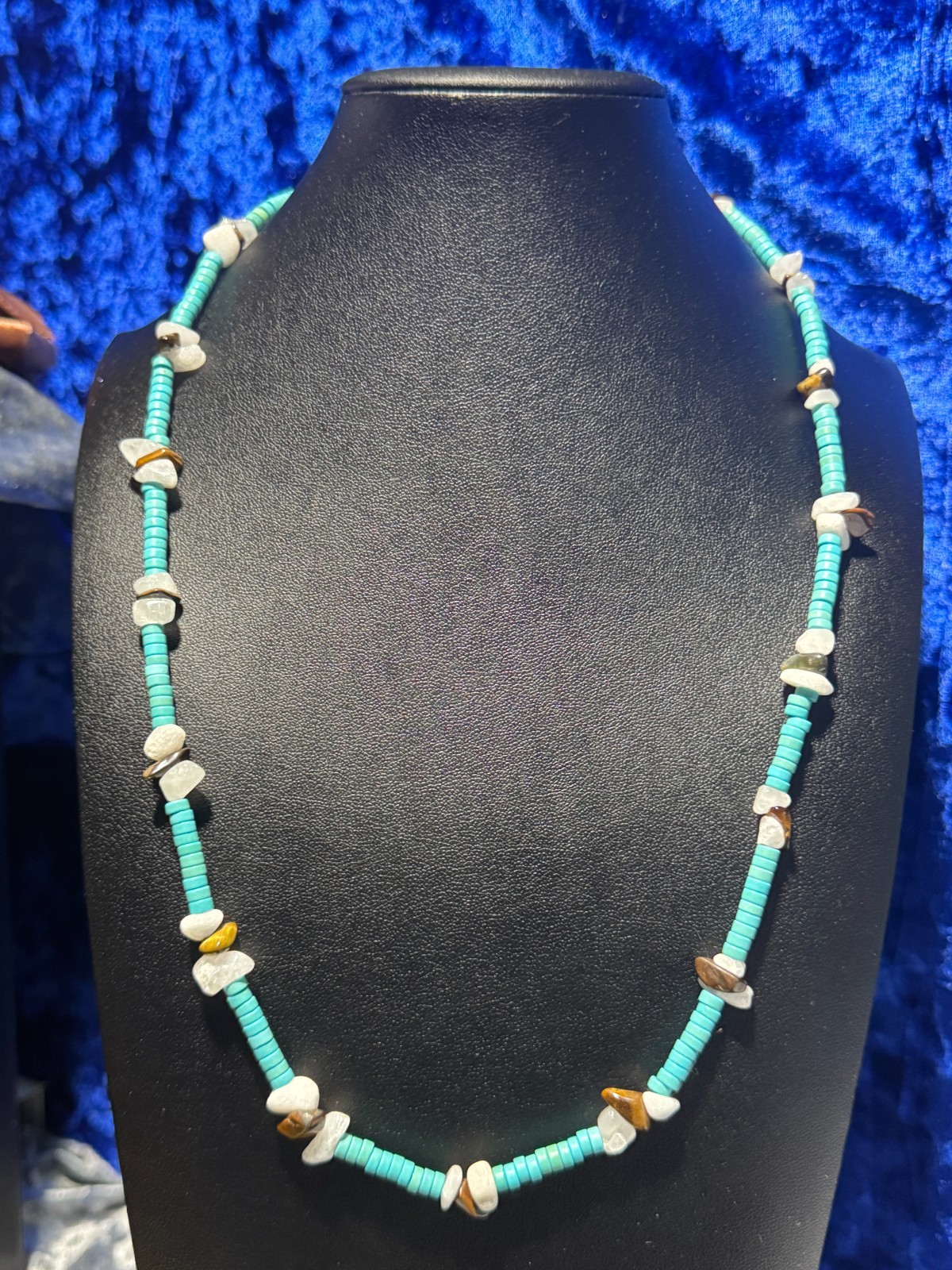 Turquoise & White Jade Natural Gemstone Beach Style Necklace Chain 24.5 + 3.5″
