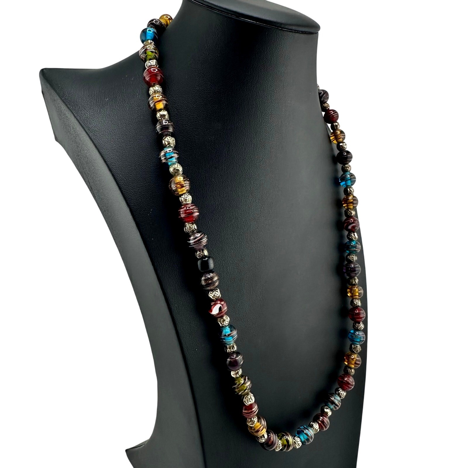 Lampwork Art Glass Dark Rainbow Multicolor Swirl Beaded Handmade 23” Necklace