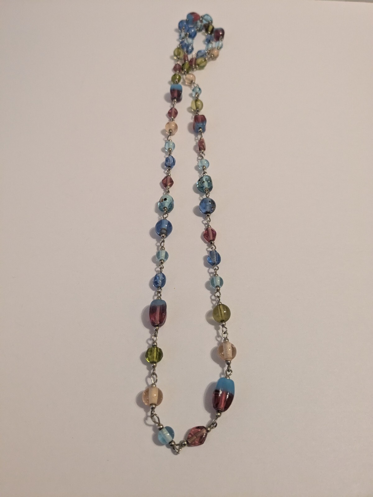 Infinity Style Multicolor Glass Bead Necklace. Silver Tone. 40″. Various Shapes.