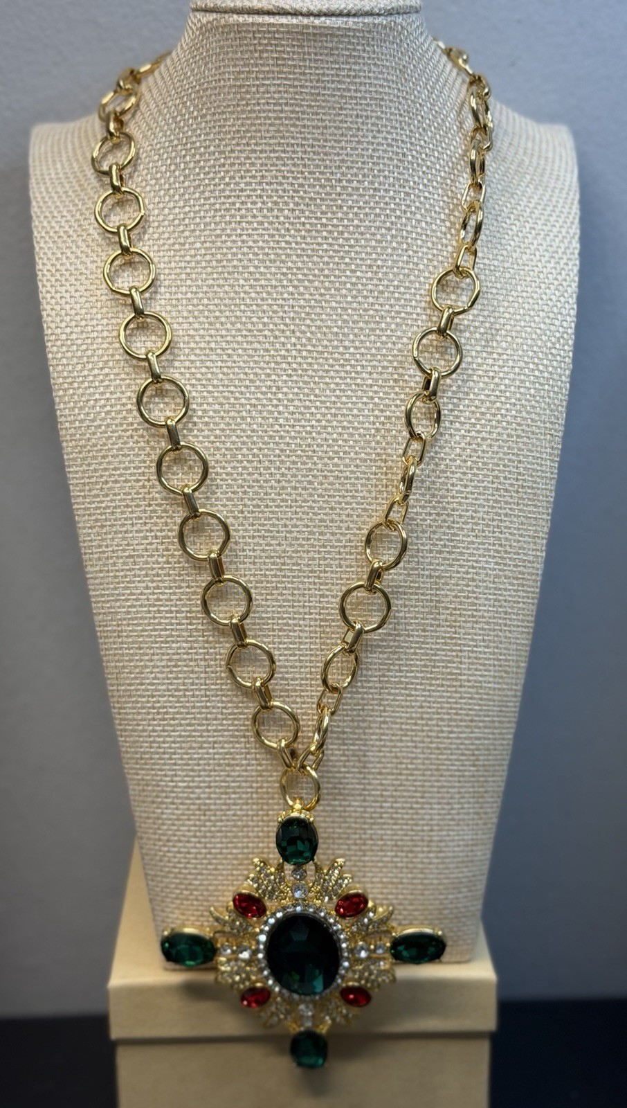 Journie Gold Tone Link Chain Cross Pendant Necklace Green Red Crystal Signed