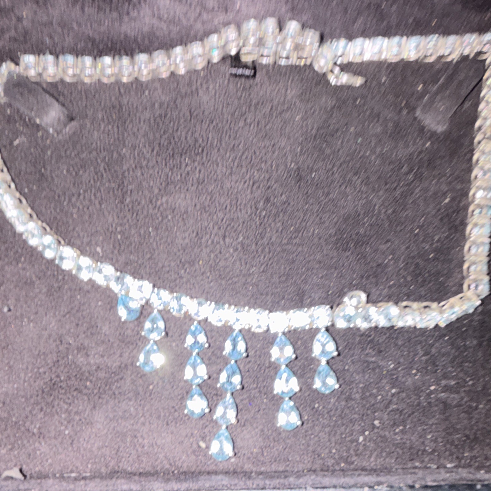 Aquamarine set in sterling solver Teardrop Drop Tennis Necklace, Prong Set
