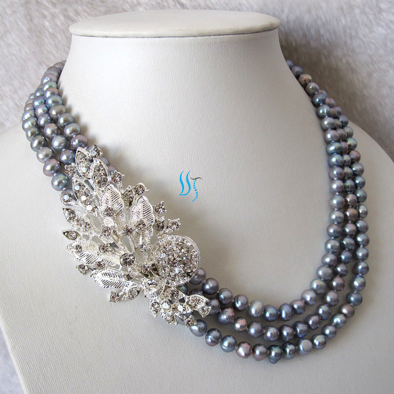 18-20″ 6-7mm Gray 3Row Freshwater Pearl Necklace X2327