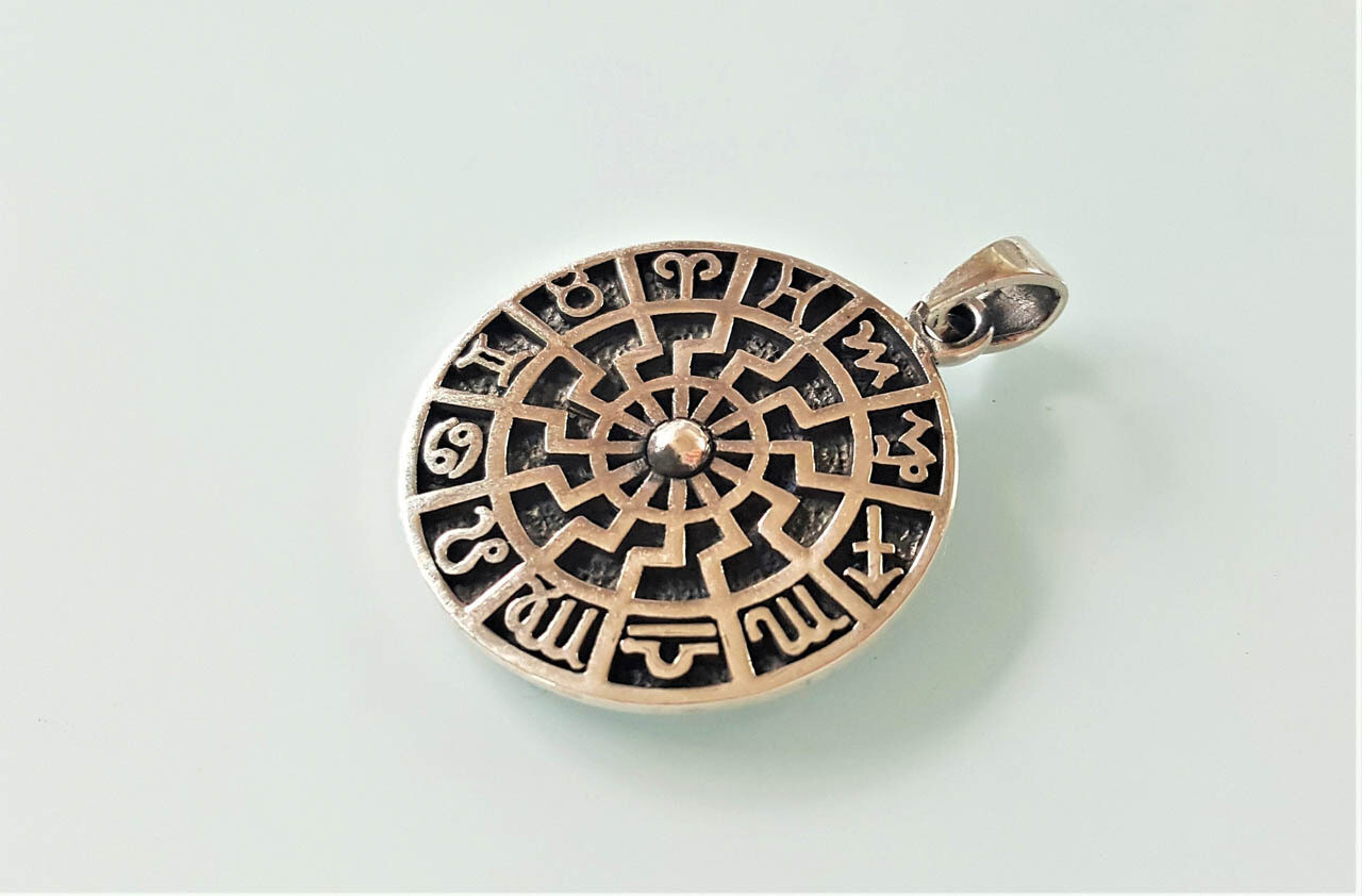 Sun Wheel Pendant 925 Sterling Silver Black Sun Occult Talisman Horoscope Zodiac