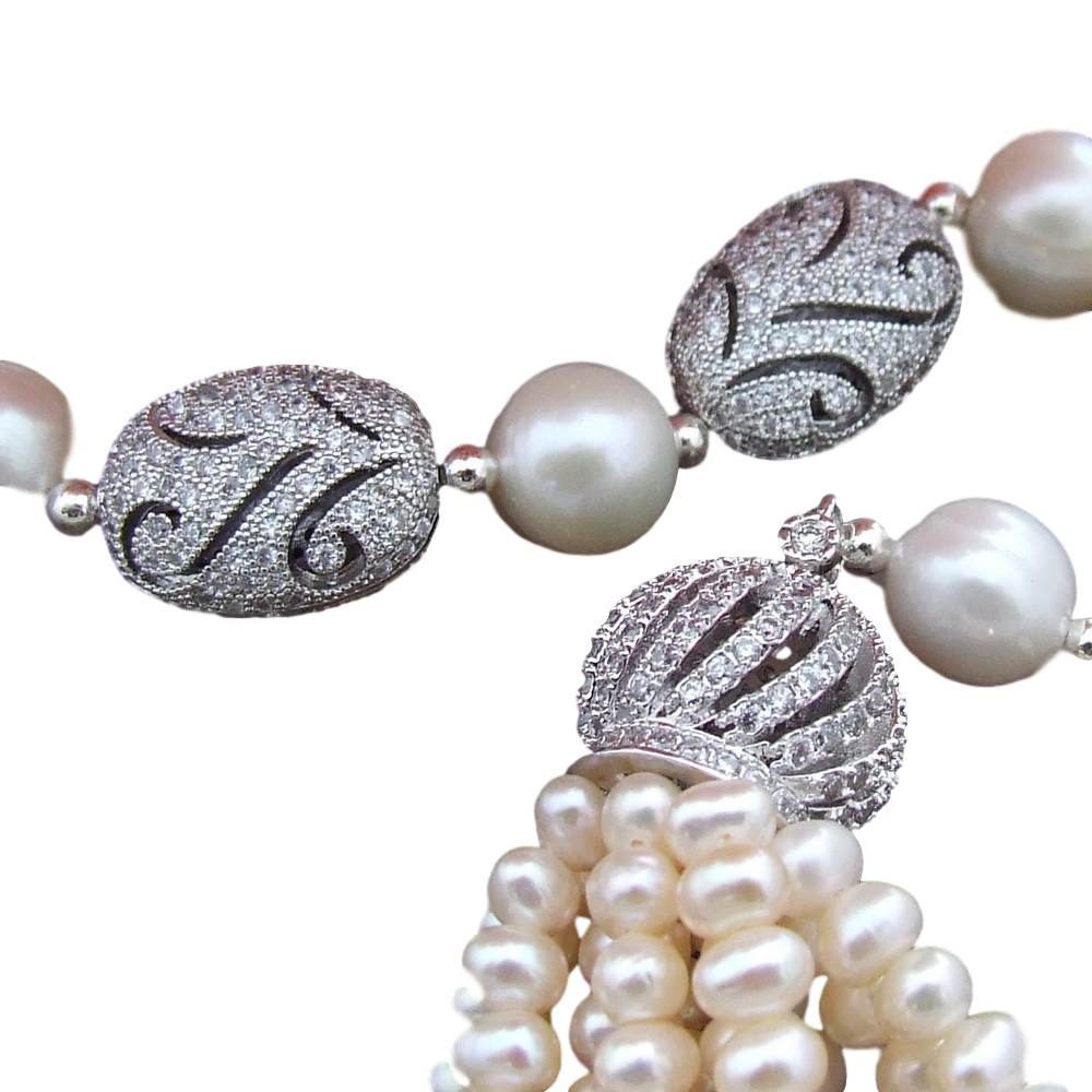 2 Strands Cultured White Pearl Necklace Cubic Zirconia Pave Pendant  22″