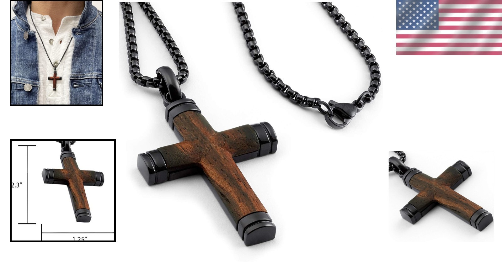 Men’s Black Stainless Steel Cross Pendant Necklace with Santos Wood Inlay | 24″