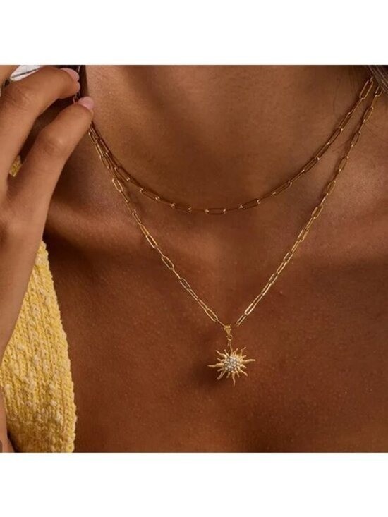 Double Layer Necklace w/cz Sun Pendant Gold Layered Necklace Summer Jewelry