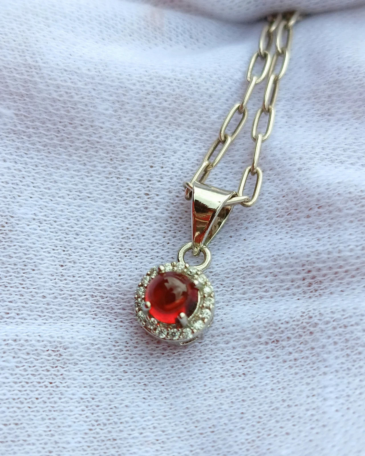 14Ct Elegant Ruby Cabochon Halo Pendant-Sterling Sliver Handcraft Beautiful Gift