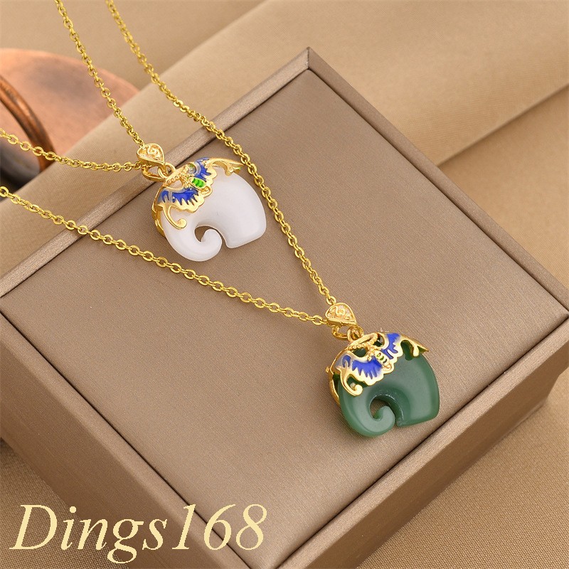 18K Yellow Gold Filled 18*19mm White Jade Elephant Pendant+ Cable Chain Necklace