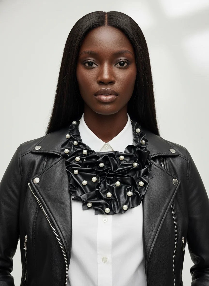 Pearl-Embellished Black Leather Ruffle Necklace – Couture Statement Jewelry