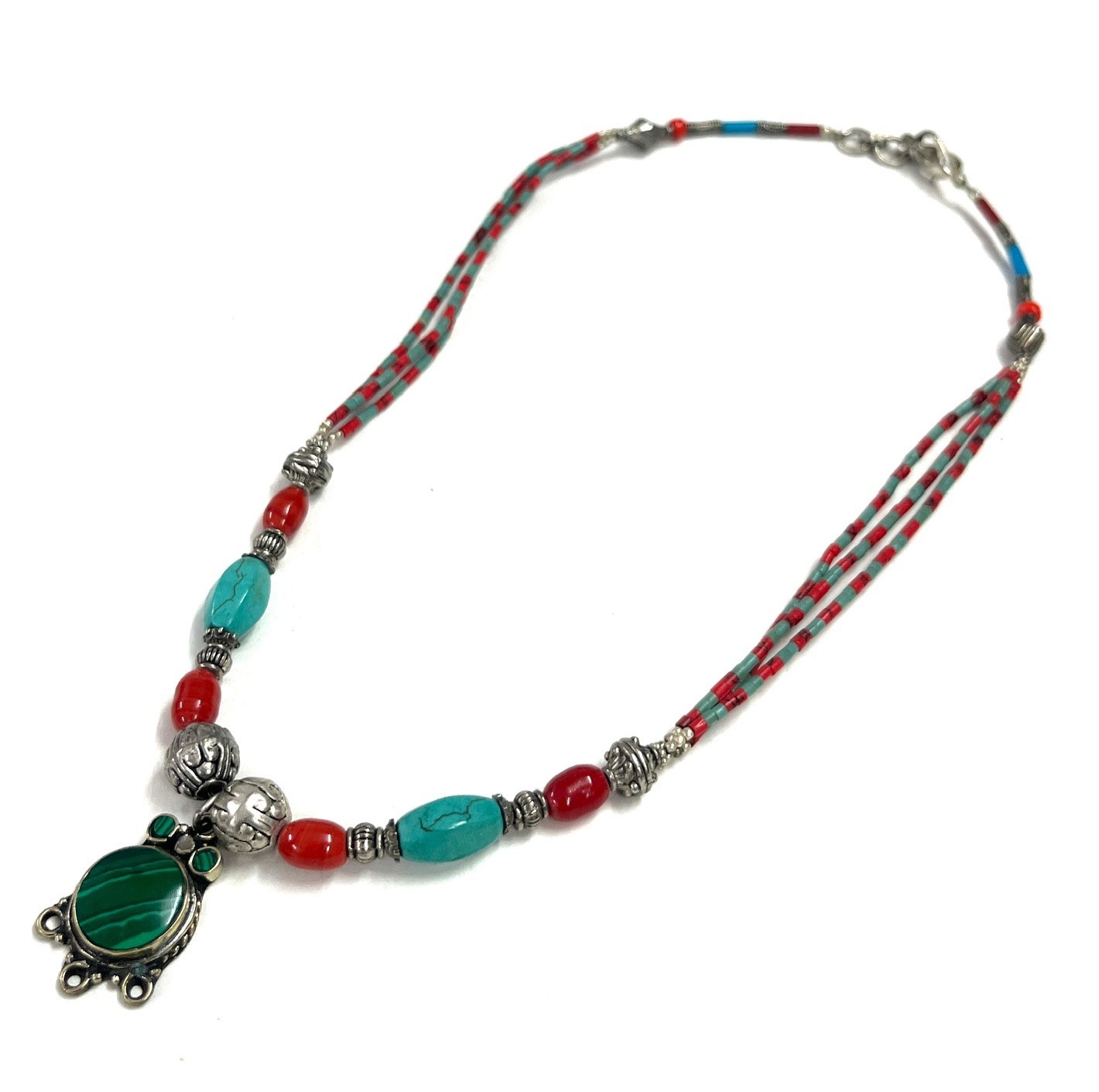 Turquoise Coral Gemstone Tibetan Statement Necklace Jewelry, 17 Inch Adjs