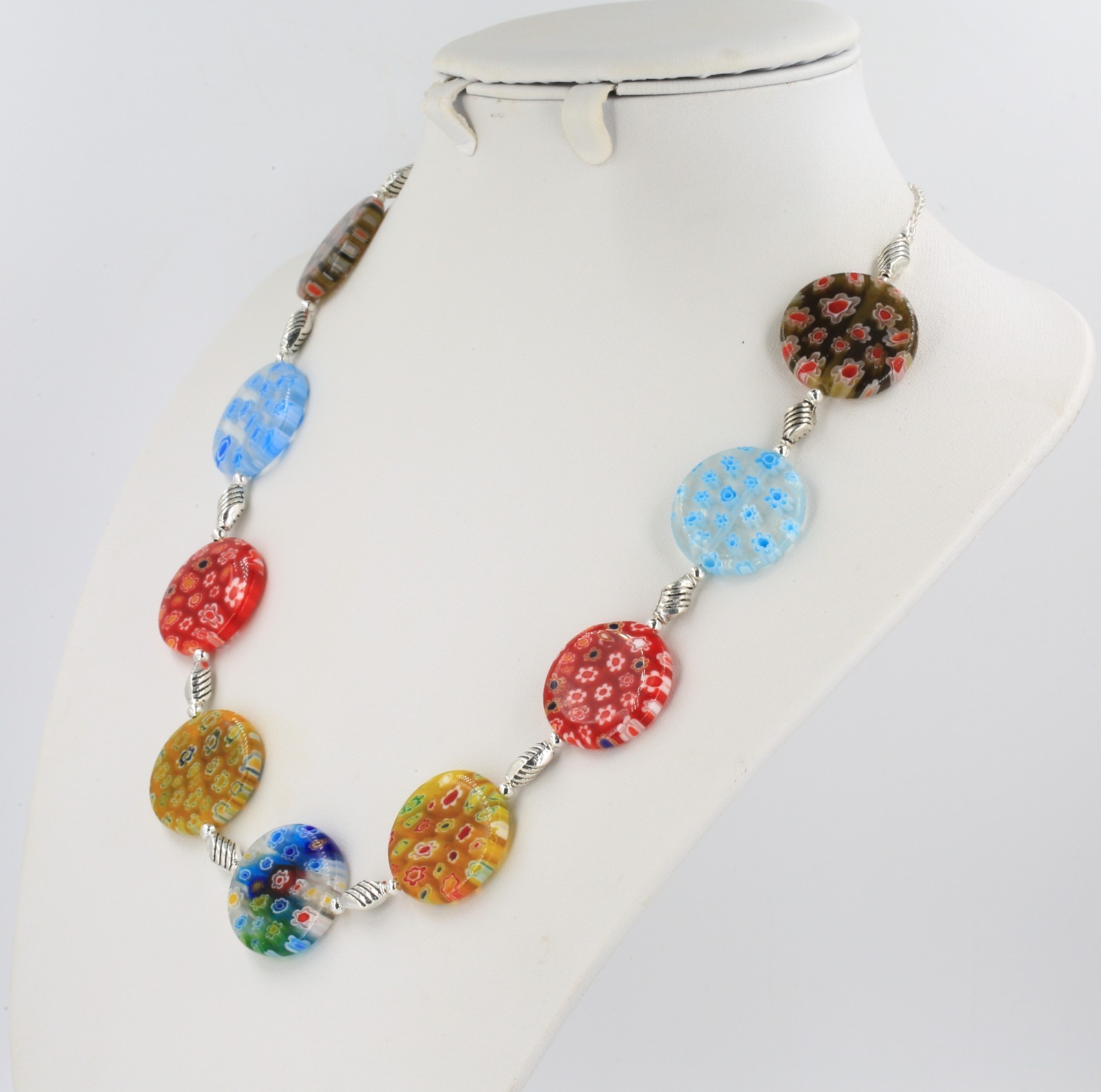 Multicolour flower millefiori glass large 25mm bead silver chain necklace