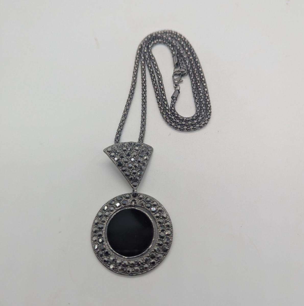 Silver Tone Round Pendant Necklace Black Centre, Rhinestone Pavé, Lobster