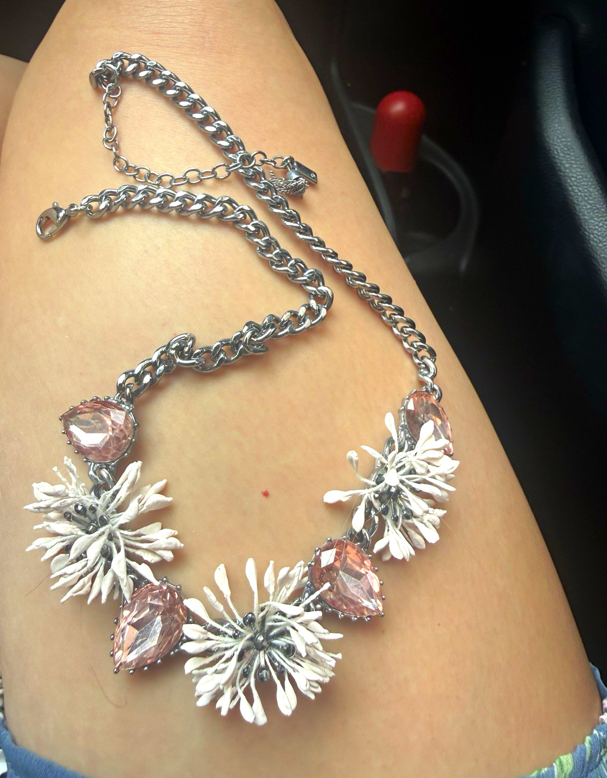 Silver Tone Floral Flower Pendant Curb Chain Necklace Pink Crystal 3-Stone