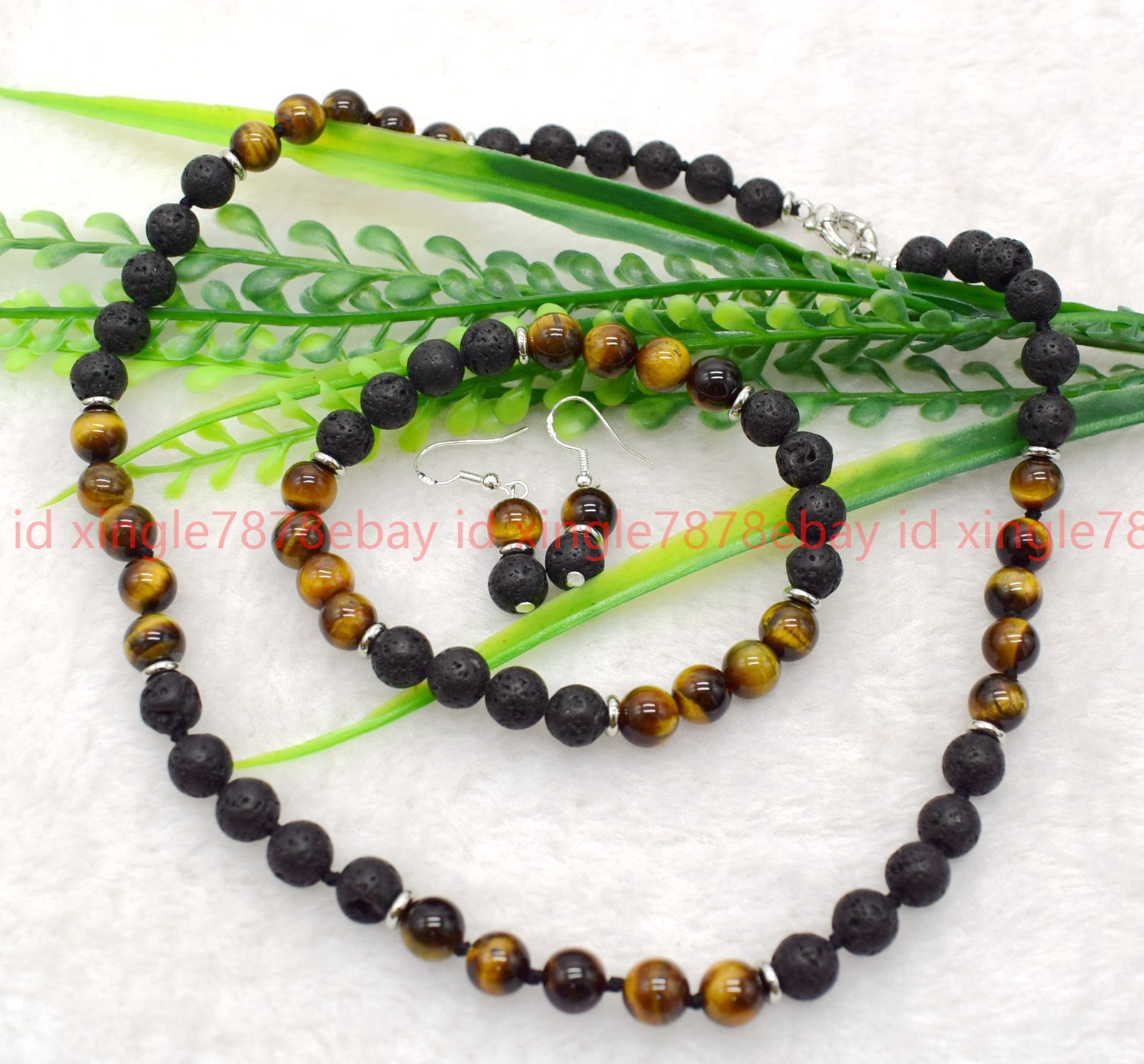 Natural 8mm Tiger’s Eye Lava Gems Round Bead Necklace Bracelet Earring 18/7.5in