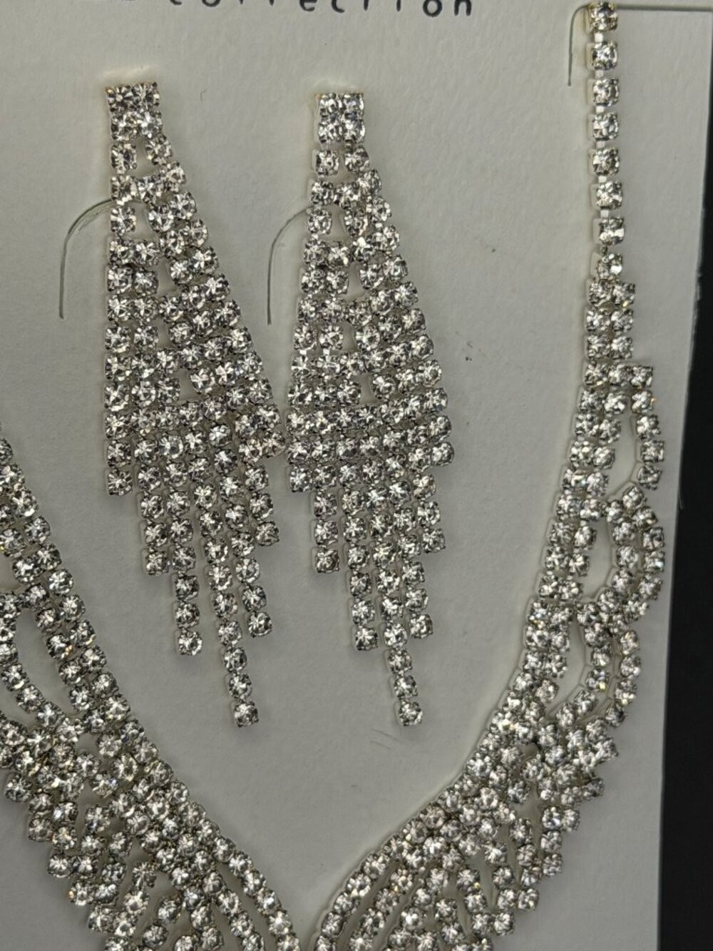 Christina Collection Silver Tone Rhinestone Fringe Statement Necklace & Earrings