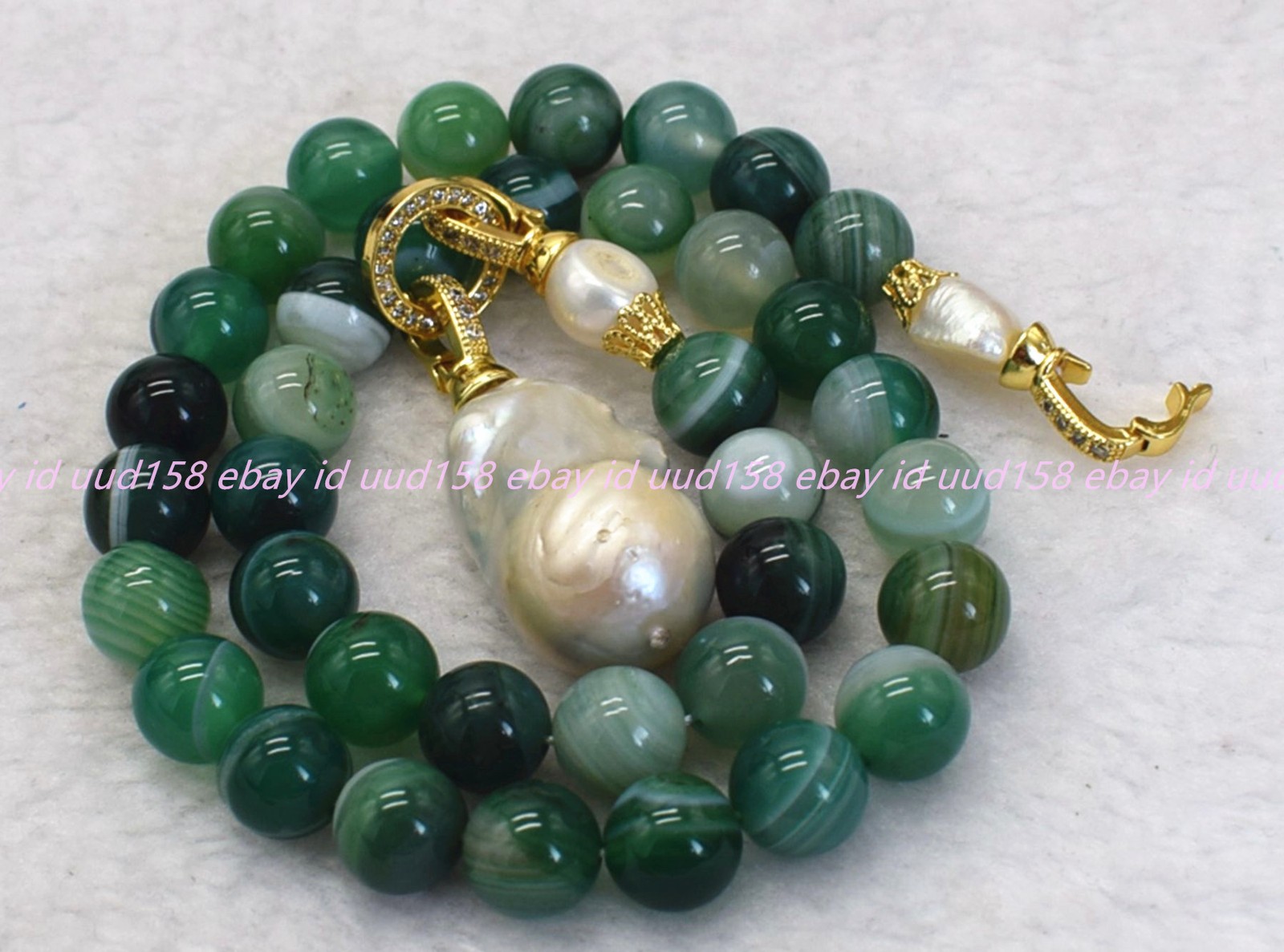 6/8/10/12mm Green Stripe Agate White Baroque Pearl Round Beads Necklace 16-28in